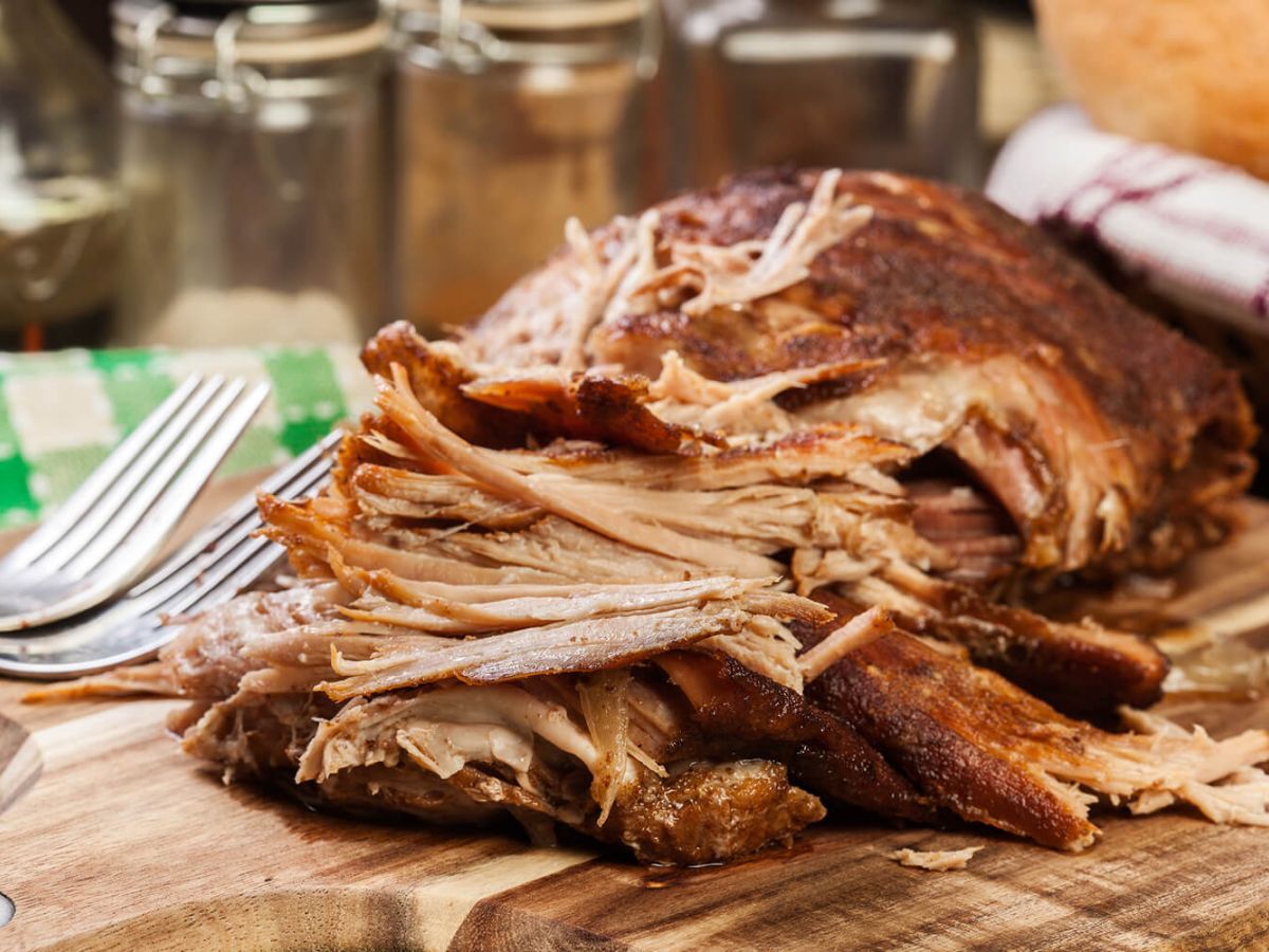Healthy Pork Recipes Slow cooked pulled pork shoulder on chopping board