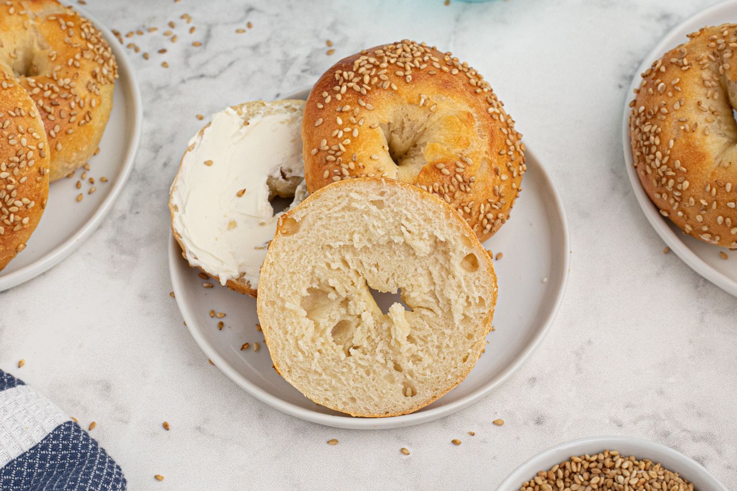 Two Ingredient Dough Bagels Two ingredient dough bagels with sesame seeds and served with cream cheese.